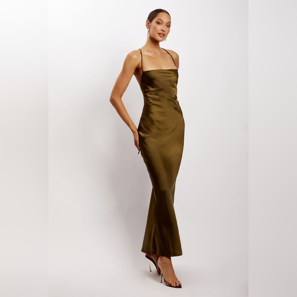 Meshki Olive Green Satin Maxi Dress